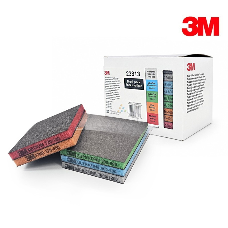 Boîte 3M 23813 - 20 éponges abrasives grains assortis pour carrosserie automobile